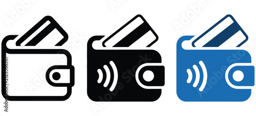 Digital wallet icons featuring mobile payment, e-wallet, fintech, online banking, secure transactions, and modern financial technology vector symbols.