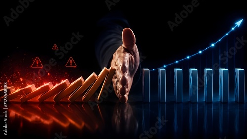 Financial crisis prevention and risk management concept with business hand stopping falling dominoes and upward growth chart arrow