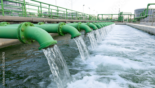 A reservoir receiving purified water through green pipes at an industrial water treatment plant focused on sustainability