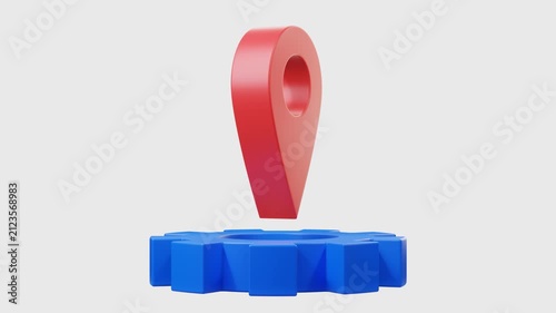 3D render red map location pins hovering over blue gear bases, isolated on transparent background, alpha channel. Perfect for GPS navigation, logistics settings, geolocation. Looped animation