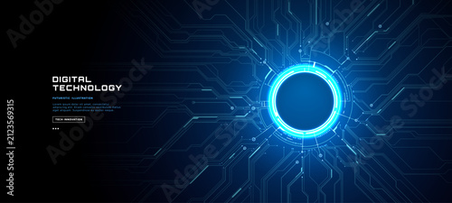 Digital neon light background with blue circuit portal, abstract tech glow and futuristic light effect on technology background with copy space. Vector illustration.