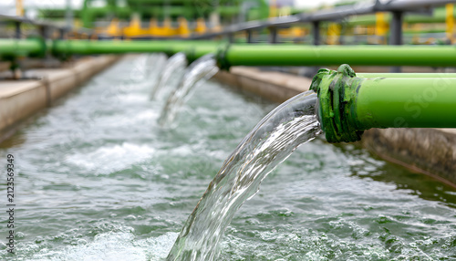 A reservoir receiving purified water through green pipes at an industrial water treatment plant focused on sustainability