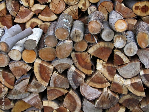 Stacked firewood creating a natural wooden background texture