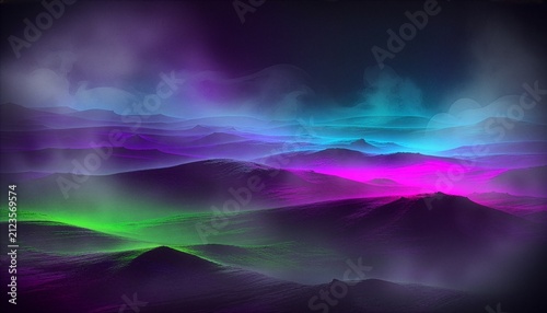 ネオンの光と霧に包まれた未来的なサイバー＆デジタル風景背景素材　Futuristic Cyber and Digital Landscape Background with Neon Glow
