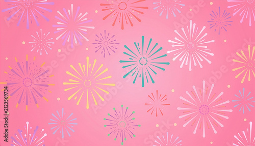 ピンクの背景にカラフルでかわいい花火が広がる総柄素材　Colorful and Cute Fireworks Pattern on Pink Background