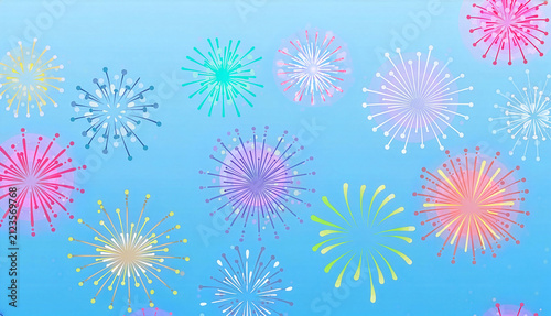 スカイブルーの背景に色鮮やかな花火が広がるポップな背景素材　Colorful Fireworks Pattern on Sky Blue Background