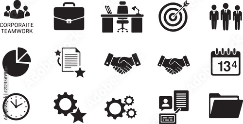 A professional vector set featuring black corporate symbols, team leadership icons, office administration, and strategic business planning elements.