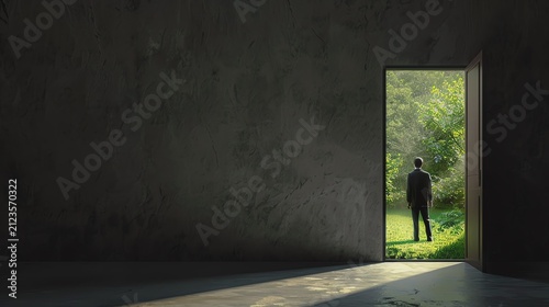 A figure stands at the doorway to nature.