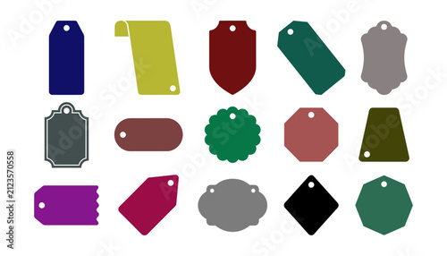 A collection of colorful blank shapes featuring various designs for a price tag badge label set isolated on a white background for retail marketing use