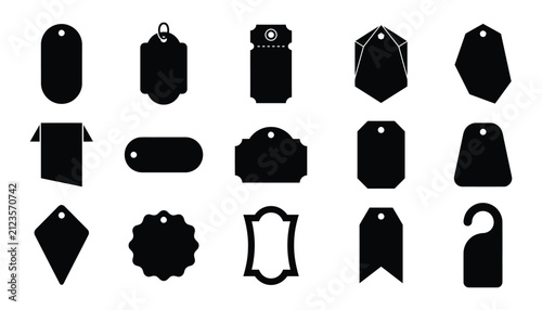 Set of various black silhouette shapes representing a price tag badge label collection for retail marketing promotion and product branding design isolated on white background