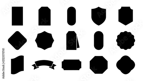 A collection of various black silhouette shapes representing a versatile price tag badge label set for retail marketing branding and promotional design projects on white