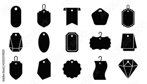 A collection of black silhouette icons featuring various shapes for a price tag badge label design element set for retail marketing and product sales promotion