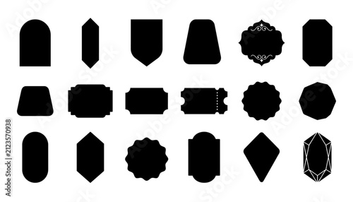 A collection of various black silhouette shapes representing a versatile price tag badge label set for retail marketing sales promotions and creative design project elements