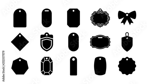 A collection of black silhouette shapes featuring various price tag badge label designs for retail promotion marketing sales branding and decorative product gift card elements