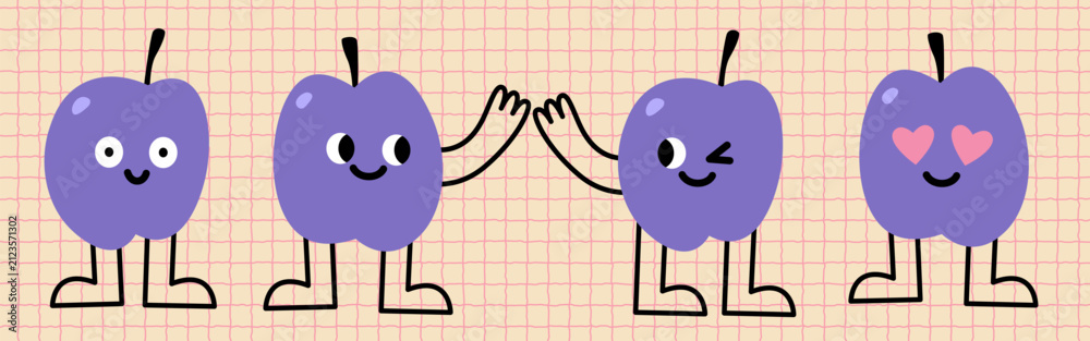 Obraz premium Funny and cute plum characters with different emotions. Playful fruit illustration