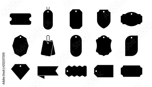 A collection of various black silhouette shapes featuring a versatile price tag badge label design set perfect for retail marketing sales promotions and product branding