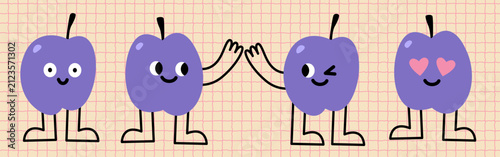 Funny and cute plum characters with different emotions. Playful fruit illustration