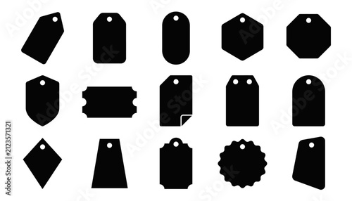 A collection of various black shapes representing a versatile price tag badge label set for retail marketing sales promotions and discount advertisement design element templates