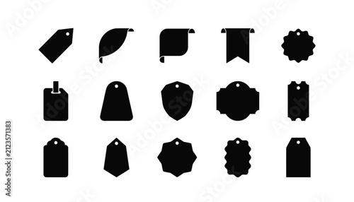 A collection of black silhouette icons featuring various shapes for a price tag badge label design element set isolated on a clean white background vector