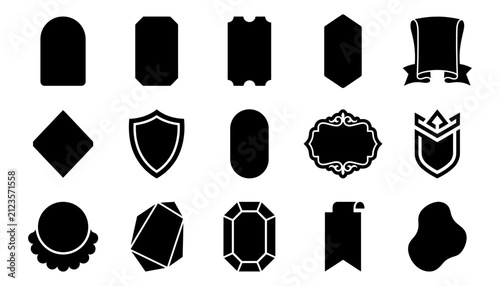 A collection of various black silhouette shapes including a price tag badge label and decorative frames for retail marketing promotions and creative graphic design projects