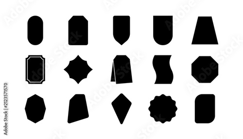 A collection of various black silhouette shapes used as a price tag badge label design element for retail marketing promotions and product discount sales tags