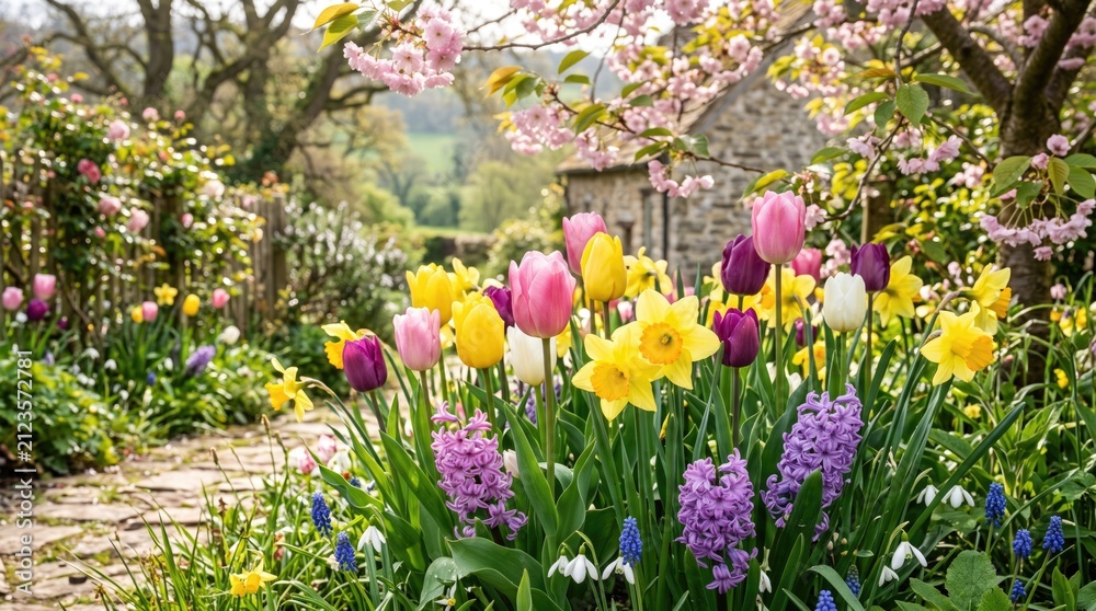Fototapeta premium Colorful Spring Garden with Blooming Tulips Daffodils and Hyacinths in Sunny Countryside