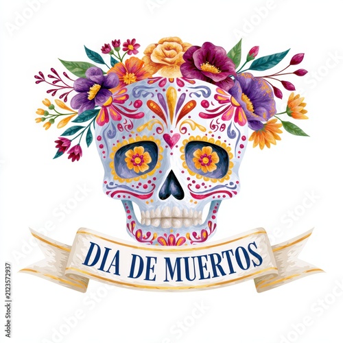 Colorful sugar skull banner celebrating Dia de Muertos in a vibrant artistic style