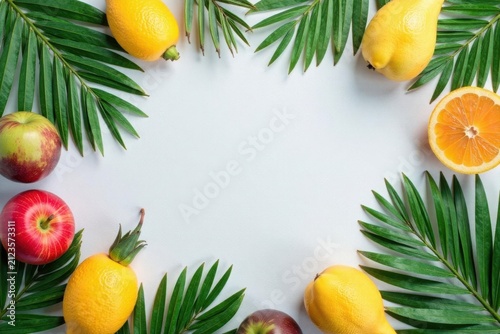 Pastel gray backdrop featuring lush palm leaves and assorted summer fruits Flat lay summer composition , artwork, gray, stylish