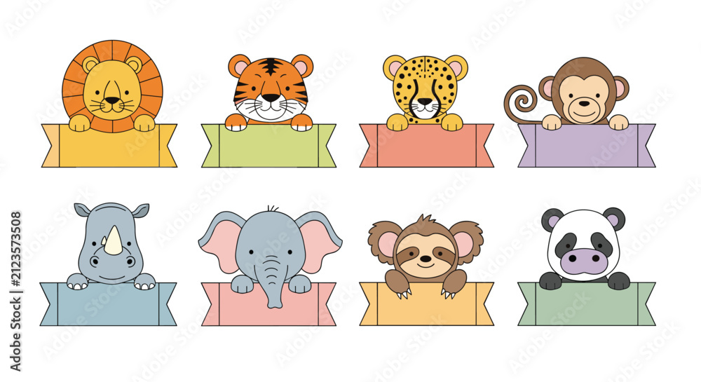 Fototapeta premium Collection of eight cute cartoon animals including a lion and tiger holding colorful blank banners for text messages.