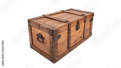 Old vintage wooden treasure chest trunk box isolated on transparent background