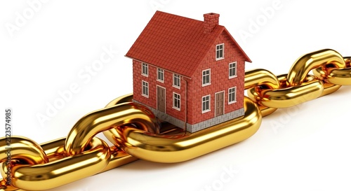 Golden Chain Links Securely Holding a Red Brick House - Real Estate Security Concept