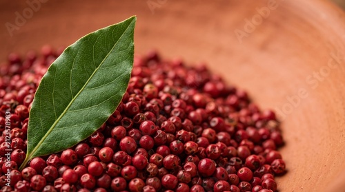 Fresh Pink Peppercorns with Bay Leaf in Clay Bowl