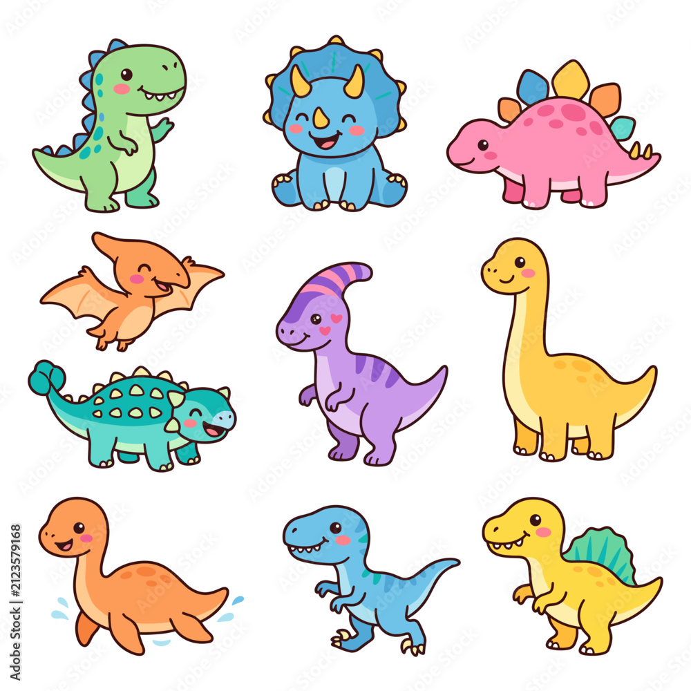 Fototapeta premium Set of cute colorful cartoon dinosaur characters on white background