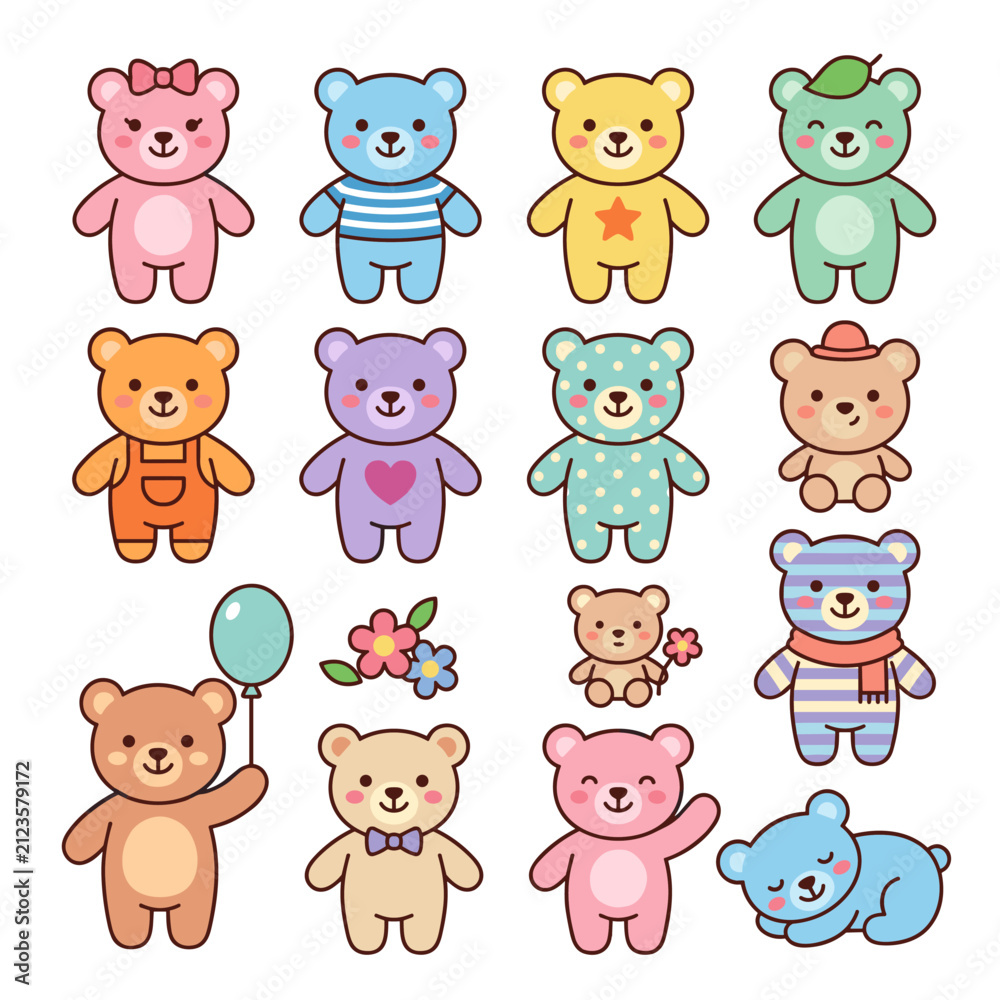 Obraz premium Set of cute colorful teddy bear characters in various poses and styles