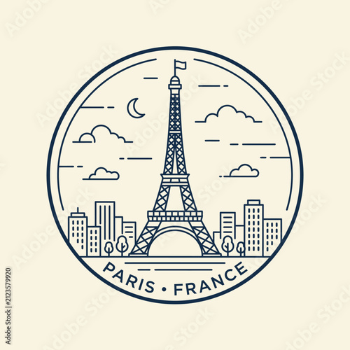Paris France Eiffel Tower circular line art logo.