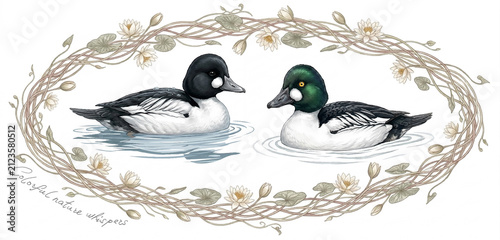 Two Common Goldeneye Ducks Swimming in Floral Frame Illustration