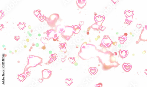 Scattered pink neon heart outlines and abstract shapes on white background with outlines, abstract