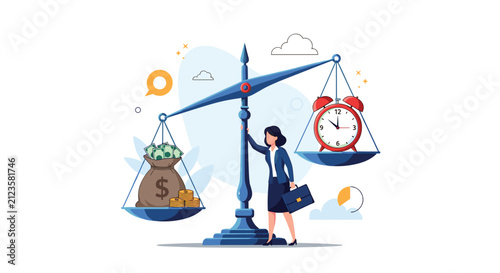 Professional woman in a suit managing a balance scale with a heavy money bag on one side and an alarm clock on the other.
