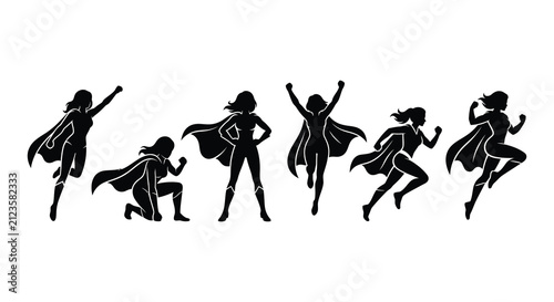 Cuadro en lienzo Superhero woman poses collection dynamic action figures in black silhouette supe