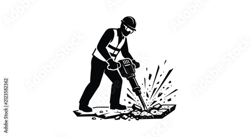 Cuadro en lienzo Construction worker operating a jackhammer on pavement black silhouette pneumati