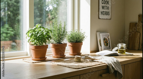 Fresh potted herbs including basil, rosemary, and thyme on a sunlit kitchen windowsill, inspiring home cooking.