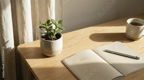 Cozy Home Office Desk with Succulent Plant, Open Notebook, and Coffee Mug in Sunlight.