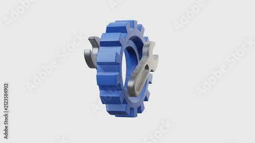 3D render of blue gear cog with gray wrenches crossing inside, isolated on transparent background, alpha channel. Ideal for settings, maintenance, engineering, repair services. Looped animation