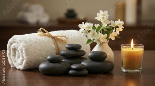 Luxurious spa setup with white jasmine flowers, hot massage stones, and rolled towel, promoting relaxation and wellness.