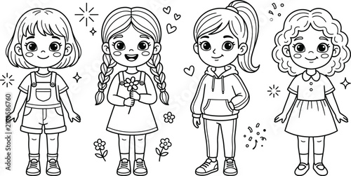 Cute Cartoon Little Girls Character Vector Set with Different Hairstyles and Outfits for Kids Coloring Pages and Activity Book Designs