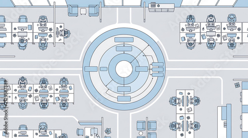 Top view vector floor plan illustration of a modern open plan office layout with desks and workspace