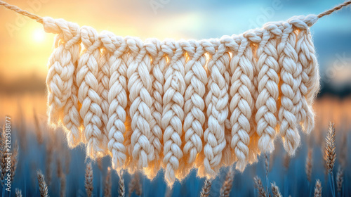 Cozy Knitted Fabric Hanging on a Clothesline at Sunset, Warm Golden Light Illuminating Textured Yarn, Soft Bokeh Background of Field and Sky
