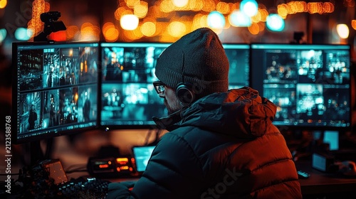 Man in beanie and jacket monitoring multiple security cameras on screens at night with bokeh lights