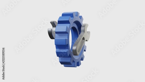 3D render of blue gear cog with gray wrenches crossing inside, isolated on transparent background, alpha channel. Ideal for settings, maintenance, engineering, repair services. Looped animation
