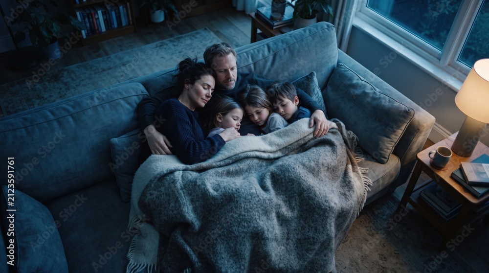 Obraz premium A family of five enjoys a gentle evening together, nestled under a warm blanket on a comfortable sofa. Soft lighting creates a peaceful atmosphere as they bond closely.
